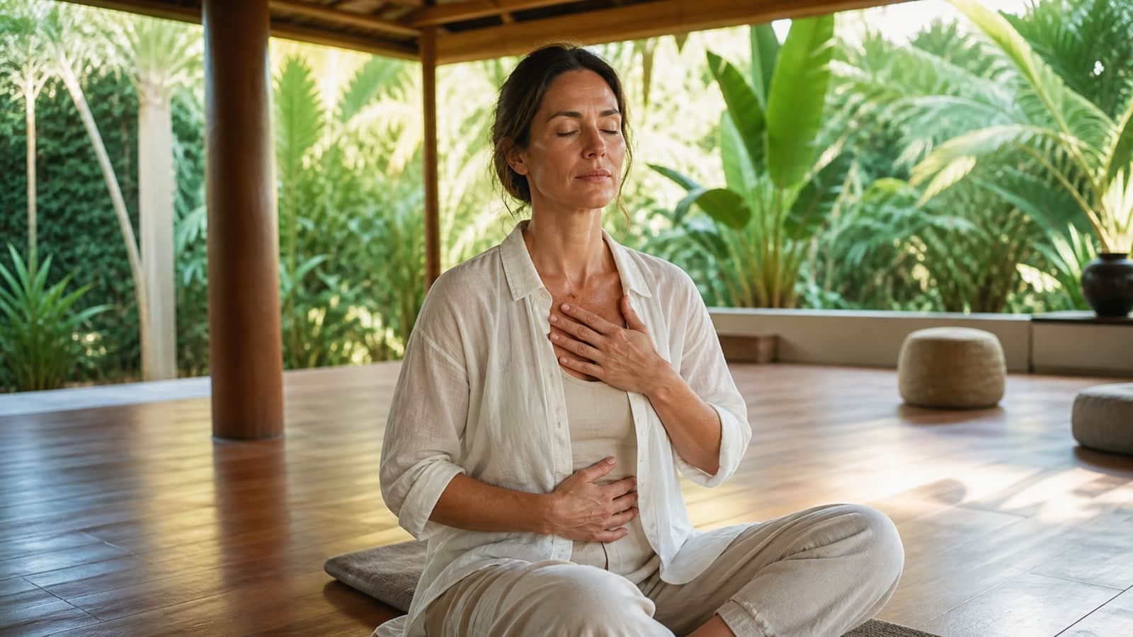 Woman guest in a guided nervous system reset session at a Bali burnout recovery retreat