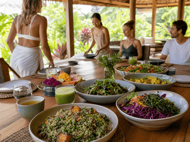 Colourful plant-forward meal with green juice at a Bali wellness retreat