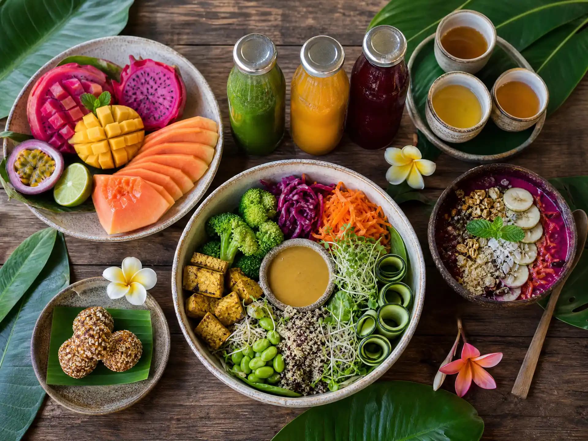 Organic anti-inflammatory detox Retreat Bali cuisine with cold-pressed juices and herbal elixirs