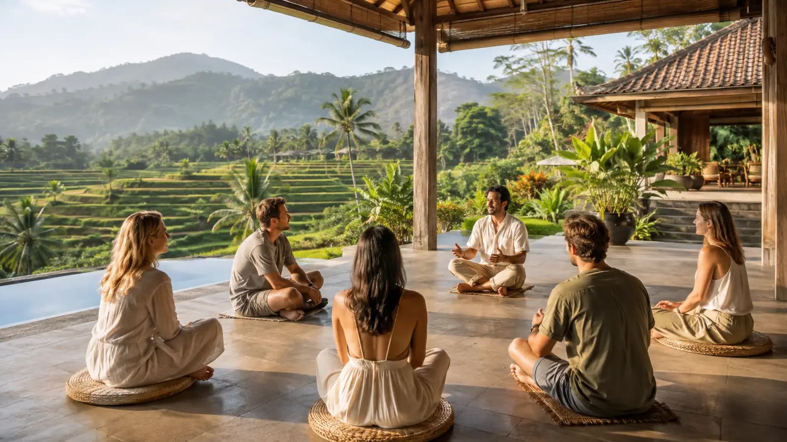 Small group gathering at a private wellness Retreat sanctuary in North Bali