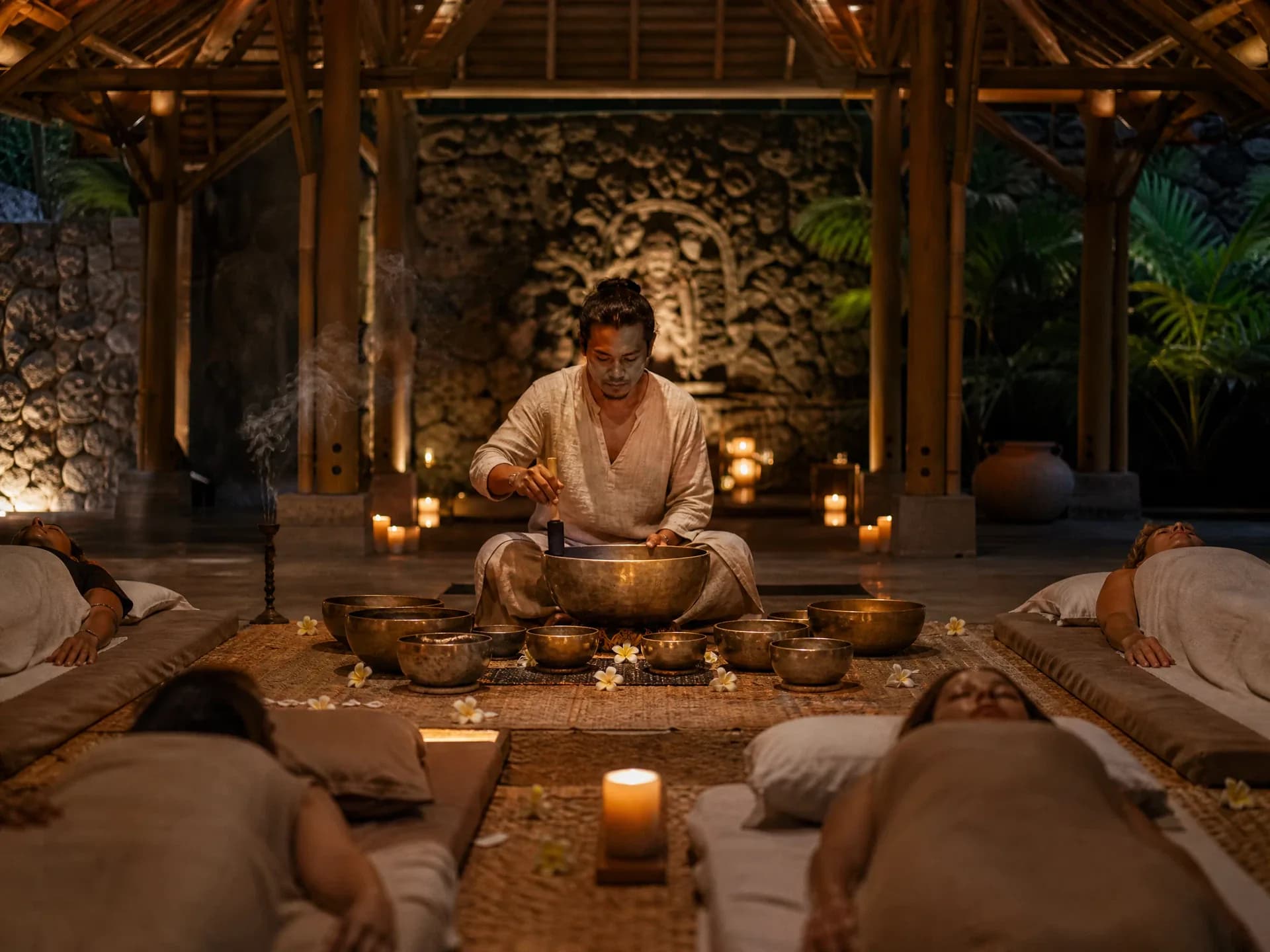 Sound healing ceremony with singing bowls at a Bali detox Retreat sanctuary