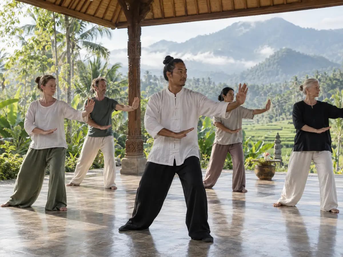 Beginner group practising Tai Chi in an open-air North Bali pavilion