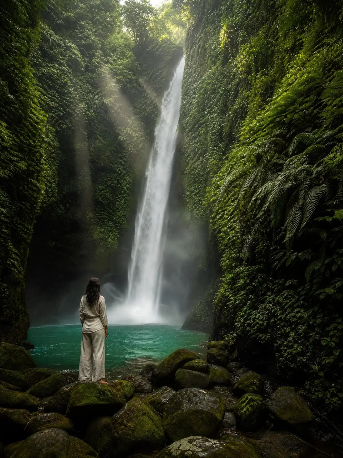 Sacred waterfall forest bathing moment in the North Bali jungle