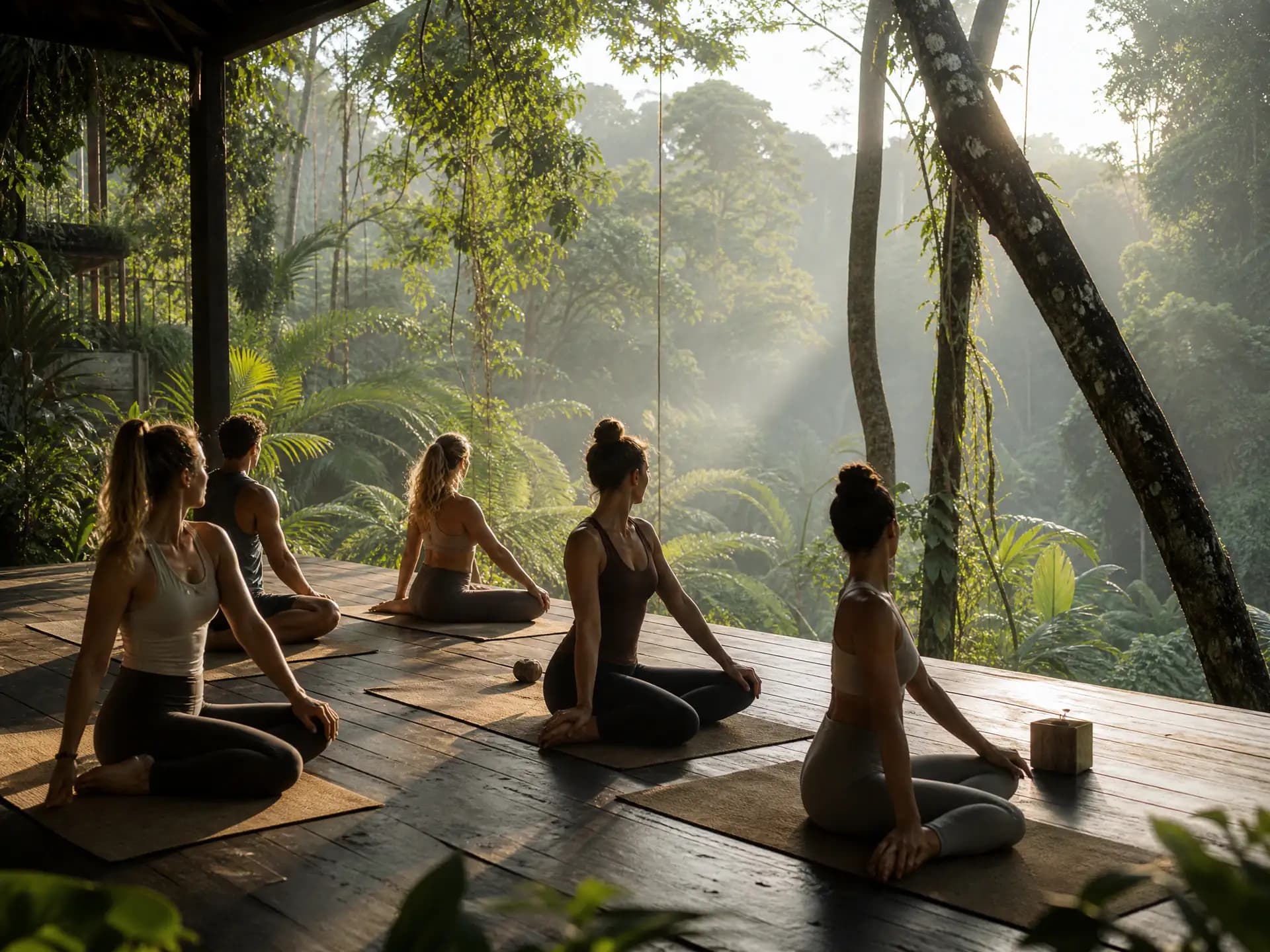 Morning somatic yoga on a jungle deck at the Bali yoga Retreat
