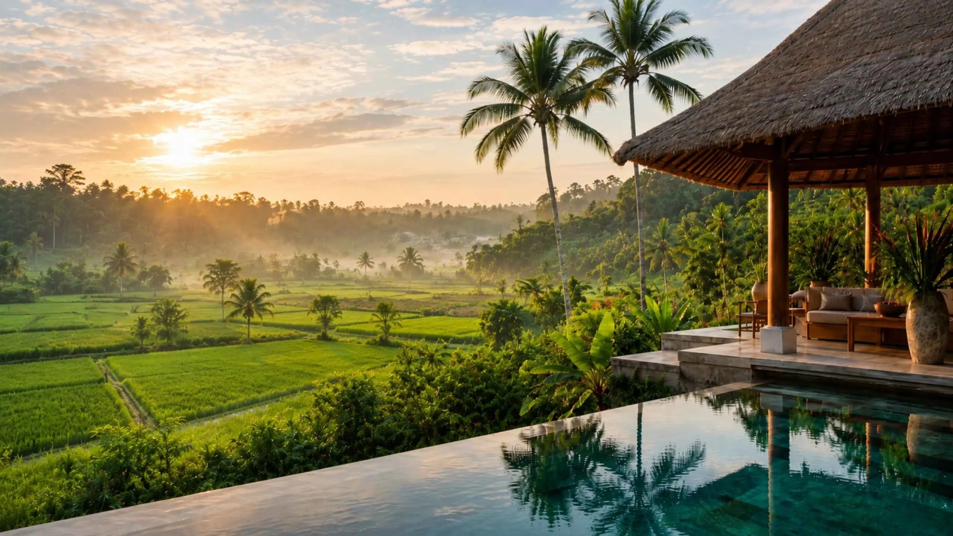 Private yoga Retreat sanctuary in North Bali overlooking rice terraces at dawn