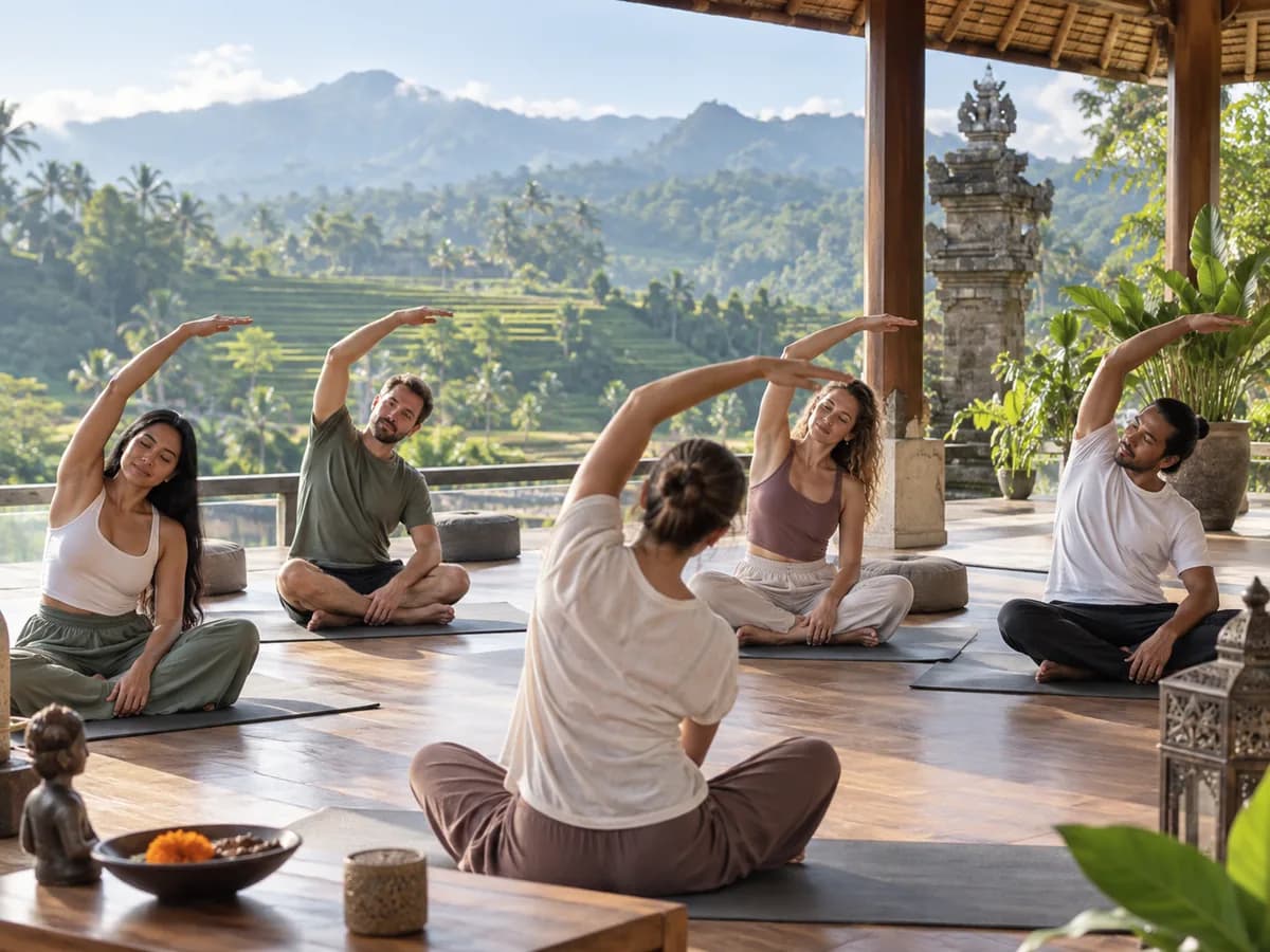 Guided Movement at the YogaFX North Bali Retreat Small group in a guided movement session at the YogaFX North Bali retreat