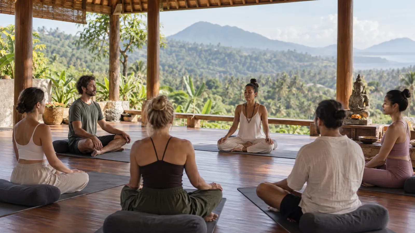 Guided Breathwork and Yoga at YogaFX Retreats Small group following comfortable guided breathwork before yoga at a North Bali retreat