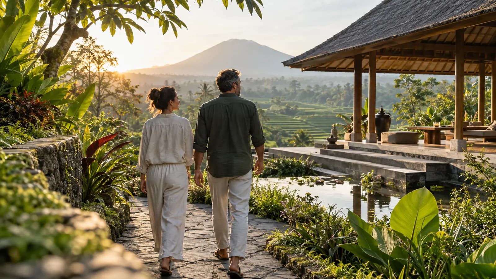 A Shared Couples Retreat Reset in North Bali Two guests walking together toward a private North Bali couples retreat sanctuary