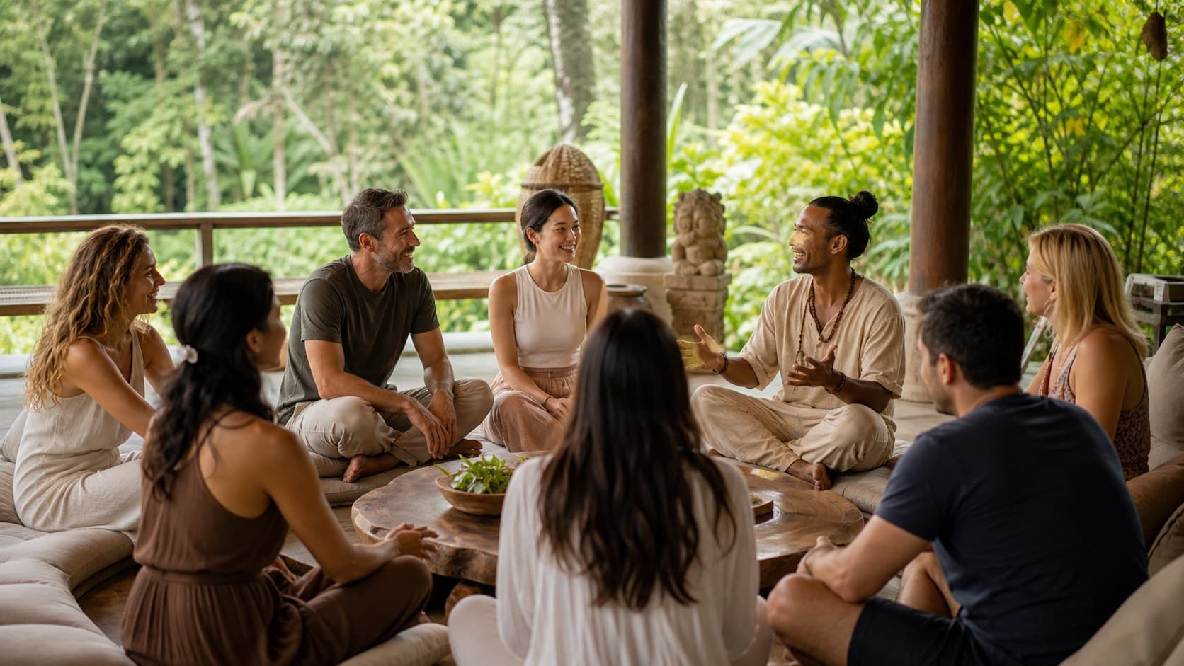 Guided Small-Group Session at a Bali Reset Retreat Small guided group sharing a structured reset session in tropical Bali