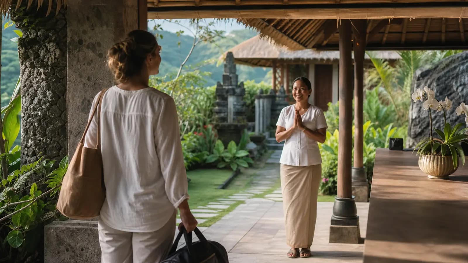 Yoga Retreats Bali for Burnout Guest arriving at a North Bali yoga retreat for a structured burnout reset