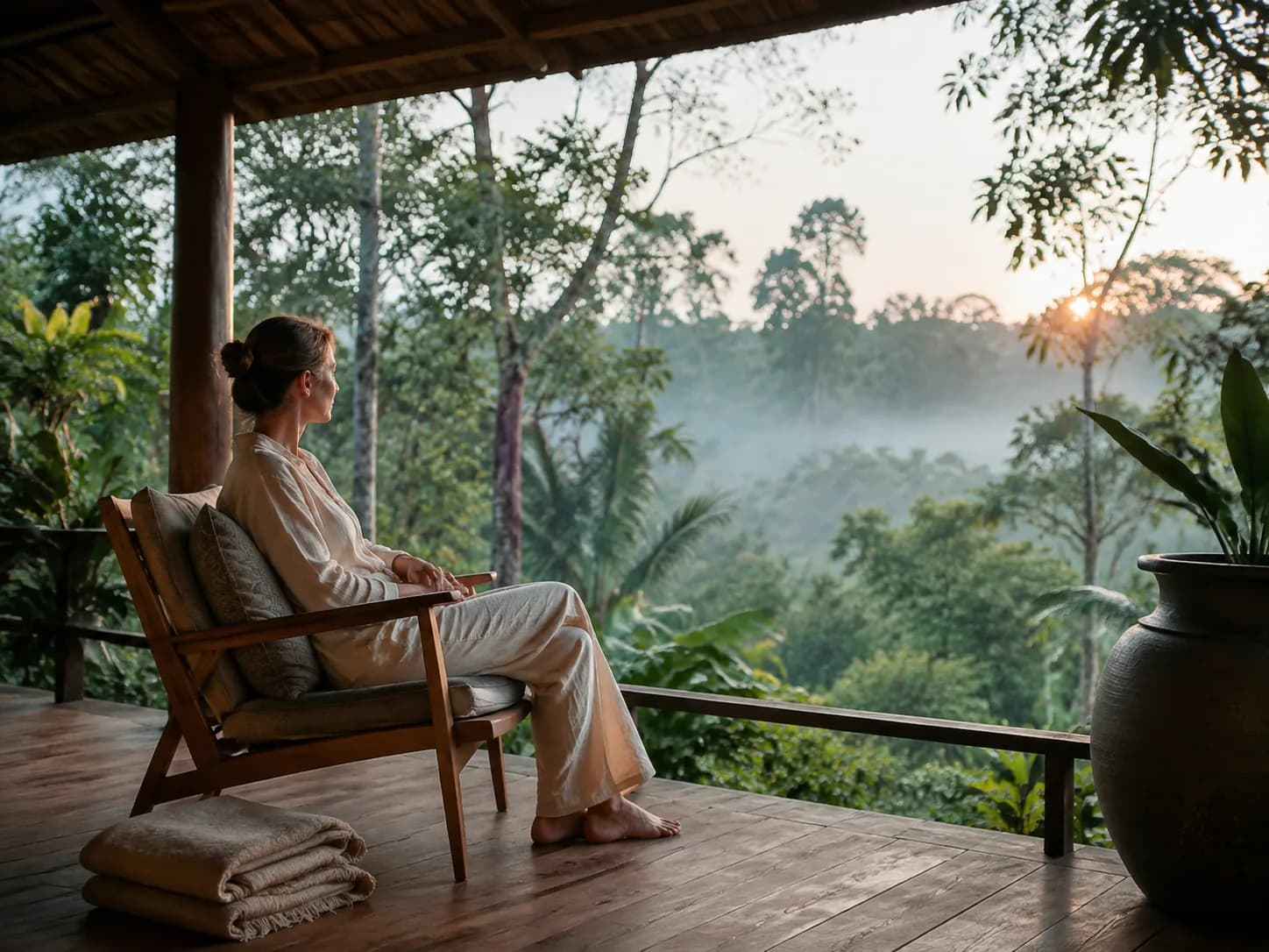 Nervous System Regulation Retreat in North Bali Guest resting in a low-stimulation setting at a nervous system regulation retreat