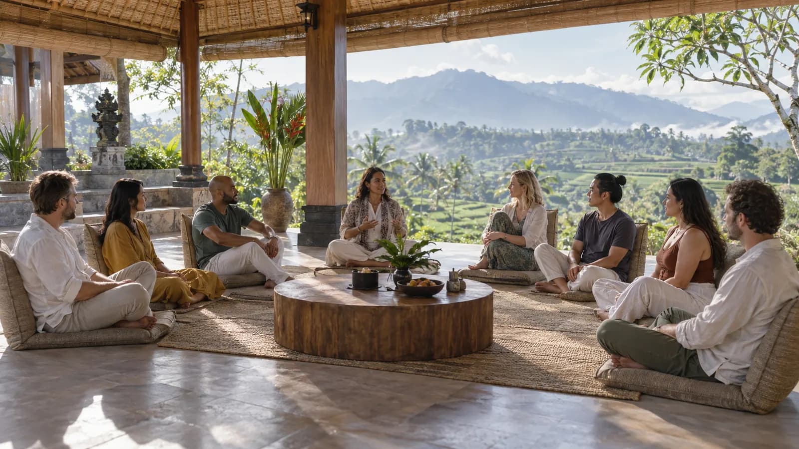 Small Group Retreat in a Private North Bali Sanctuary Eight guests seated with a facilitator at a small group retreat in North Bali