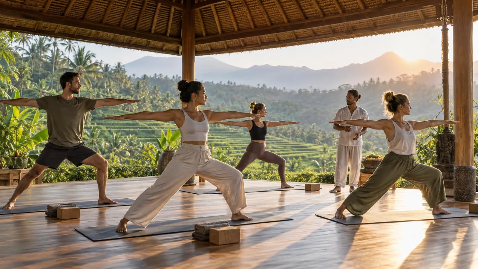 Breath-Led Movement at a Yoga Detox Retreat in Bali Small group practising breath-led yoga at a North Bali detox retreat
