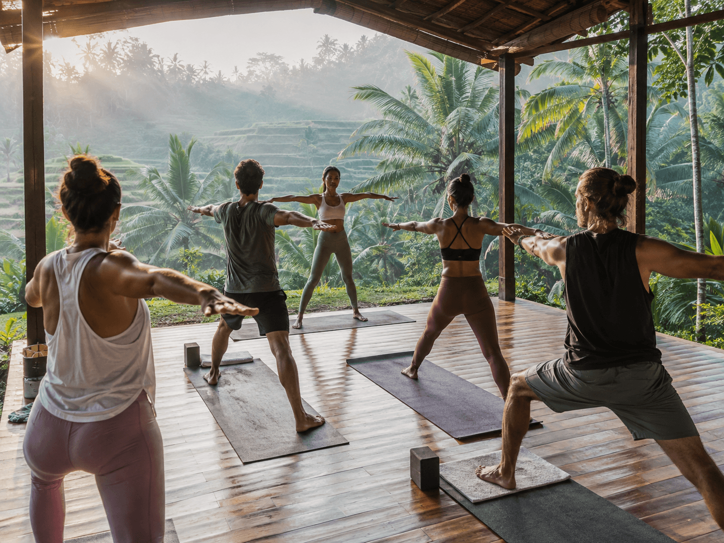 Yoga Retreat North Bali Small-Group Morning Practice Small group practising accessible yoga at a retreat in North Bali