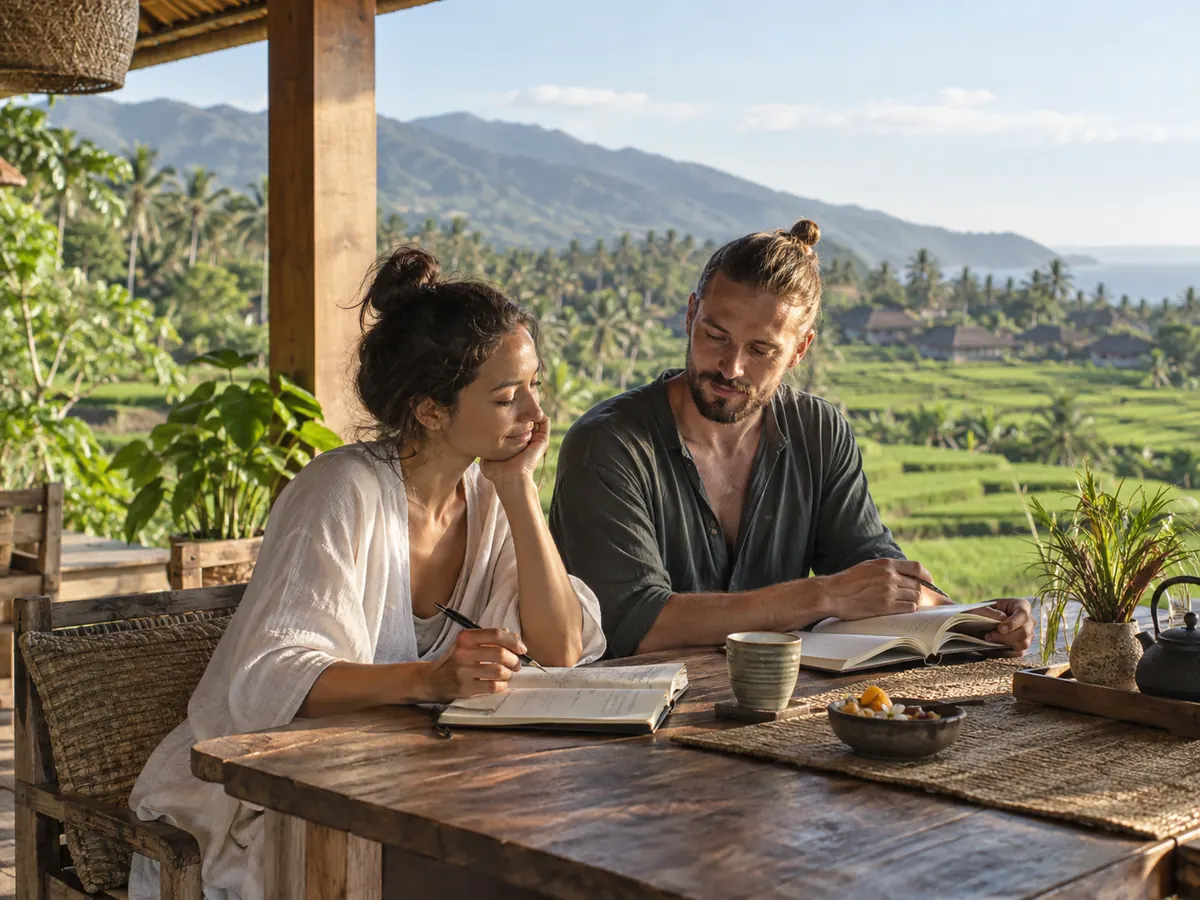 Two retreat guests writing a return-home recovery plan together in North Bali