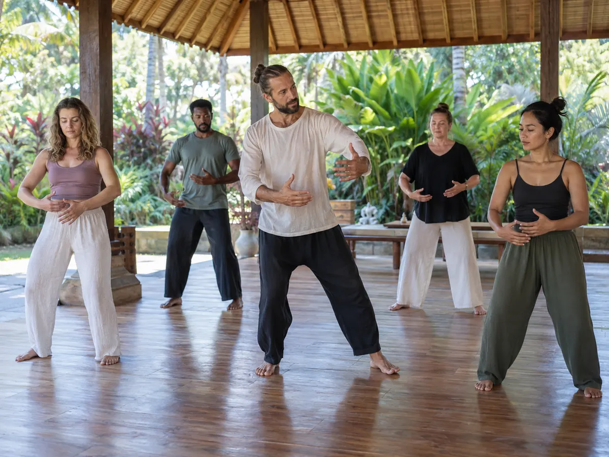 Facilitator guiding gentle somatic movement during a Bali recovery retreat