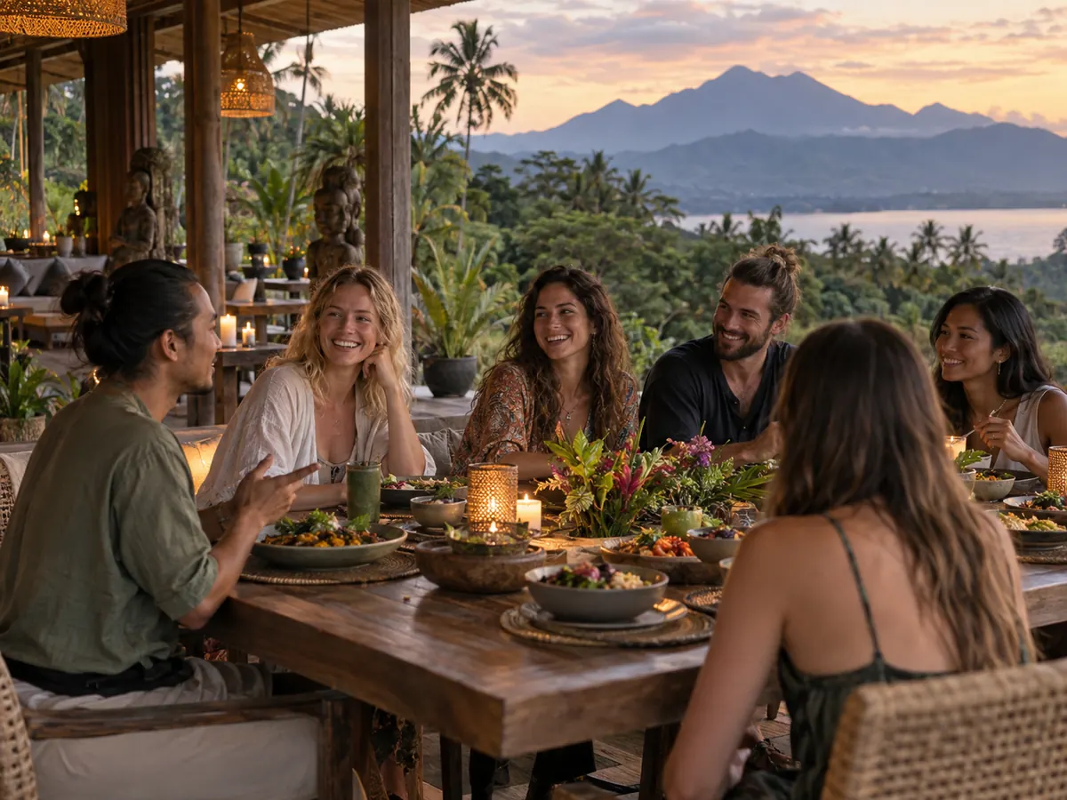 Solo retreat guests connecting over a shared healthy meal in North Bali