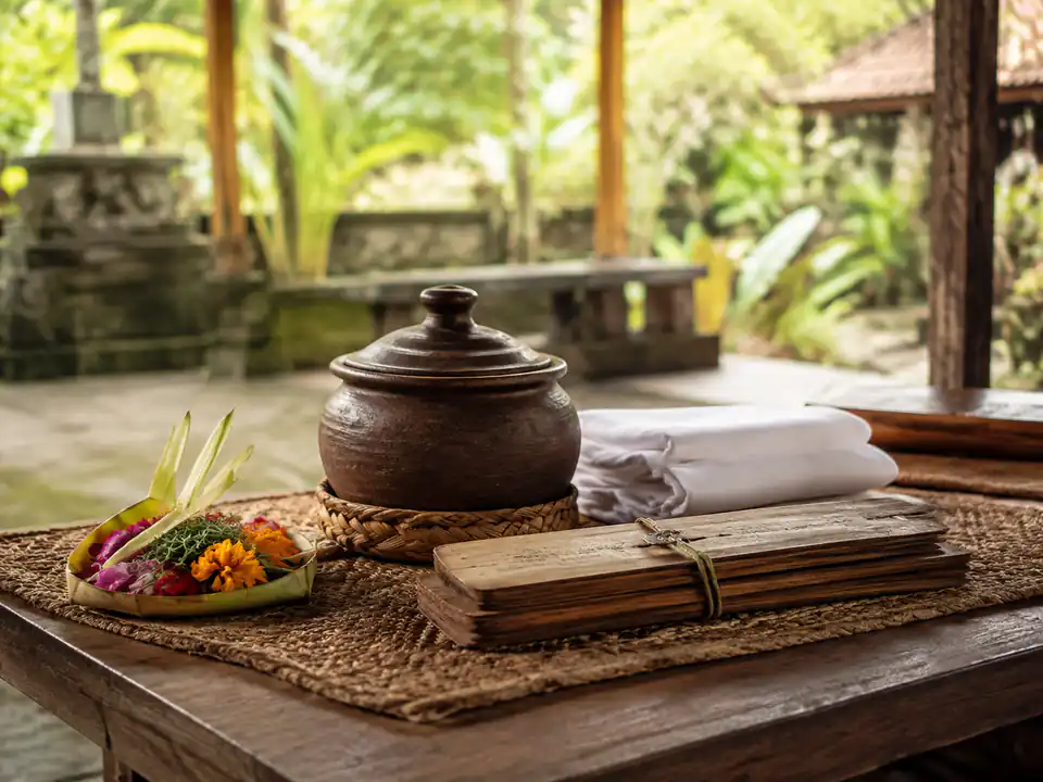 Lontar manuscript, offering and covered vessel arranged in a quiet Balinese pavilion