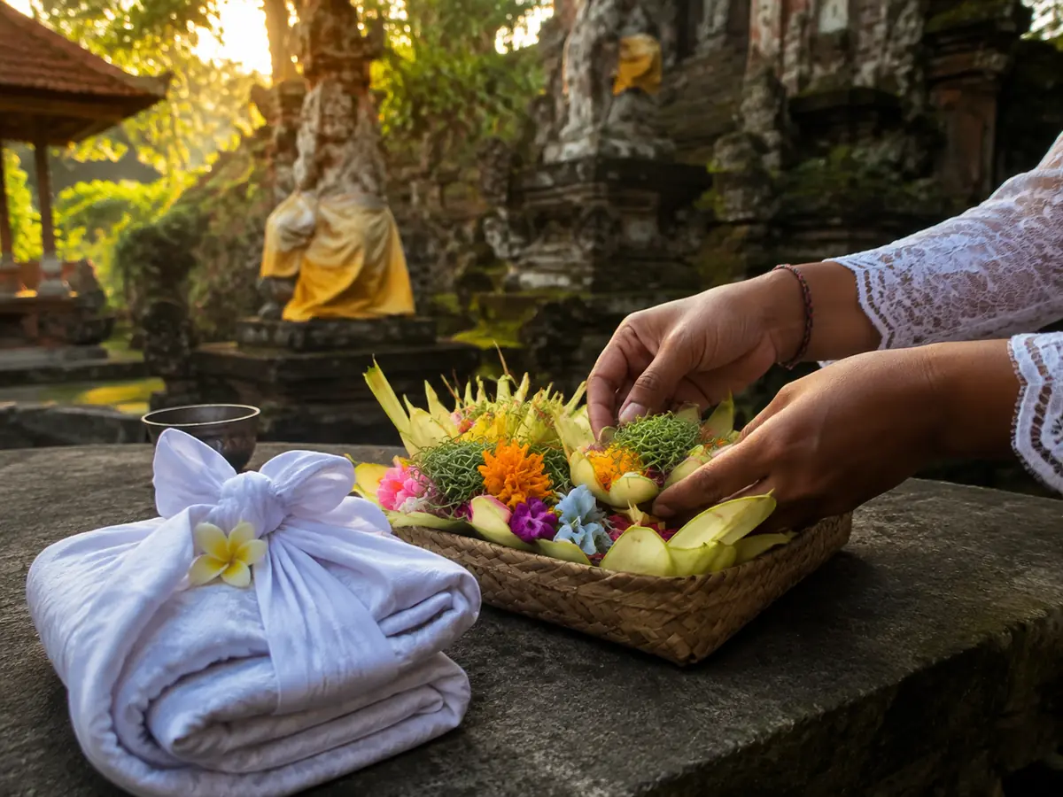 Canang Sari flower offering and traditional clothing prepared for a Balinese purification ceremony