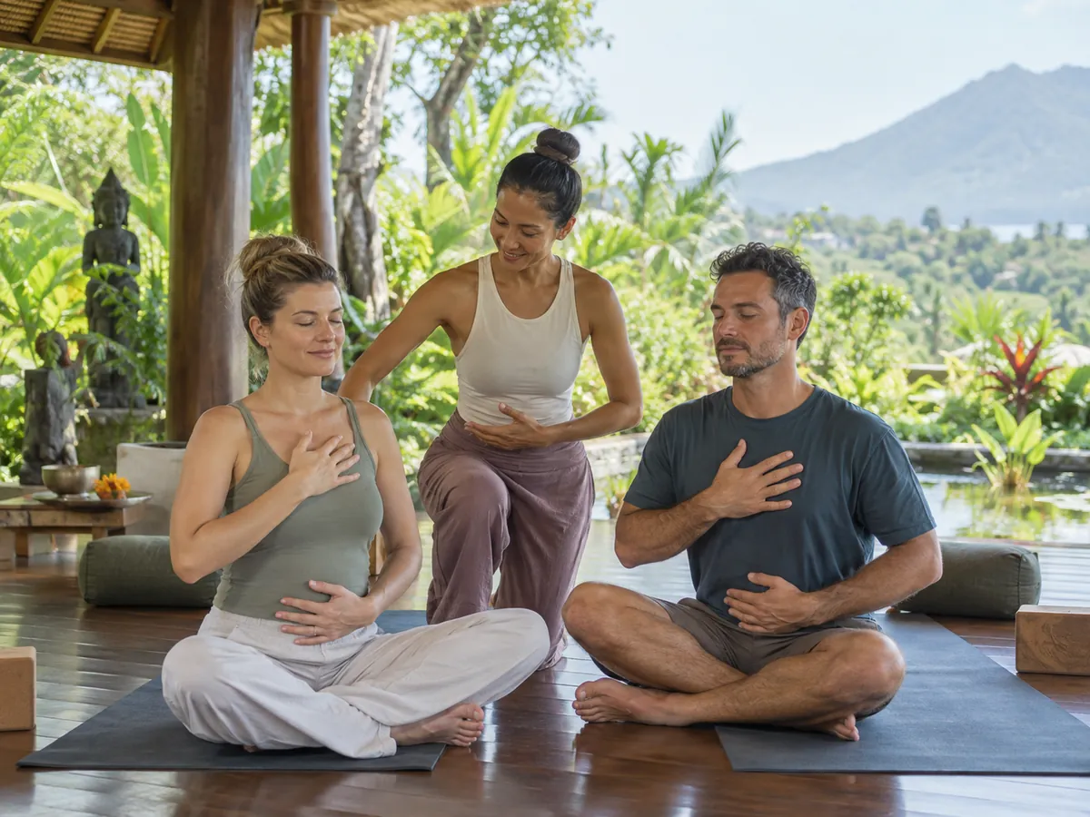 Beginner retreat guests receiving guidance in seated breathing practice in Bali