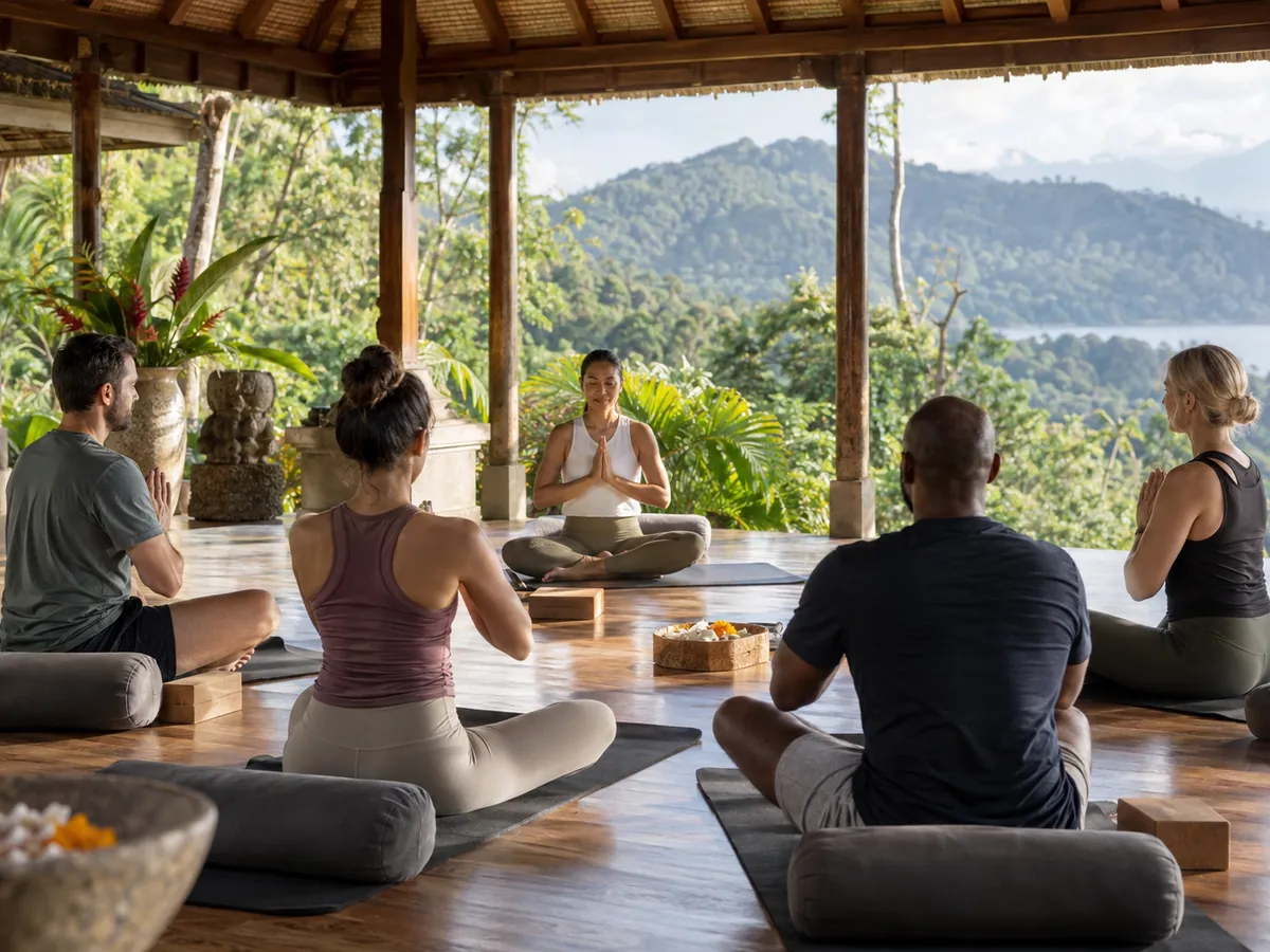 Small group attending a structured beginner-friendly yoga retreat in North Bali