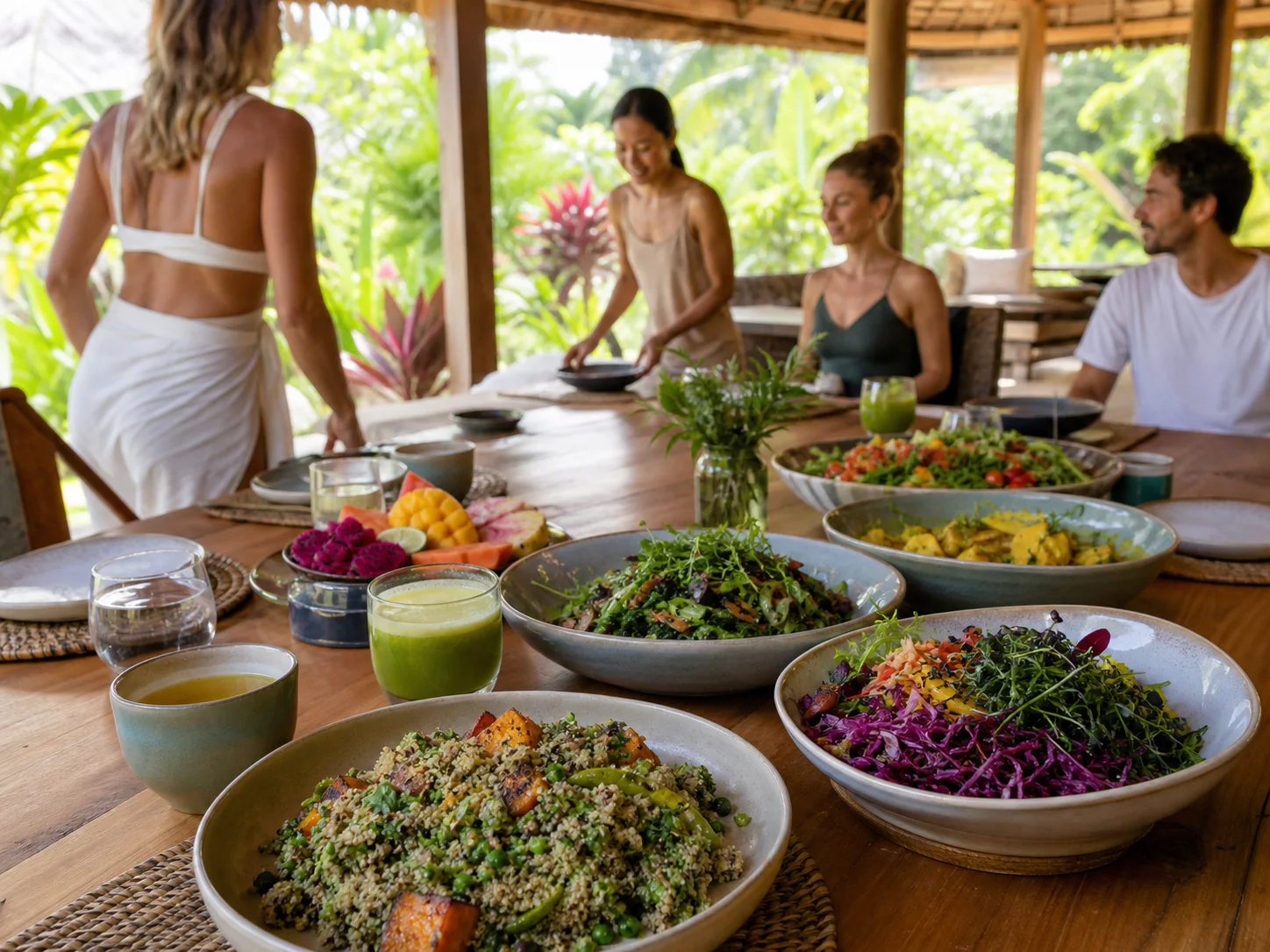 Chef-prepared shared meal served as part of an all-inclusive Bali yoga retreat
