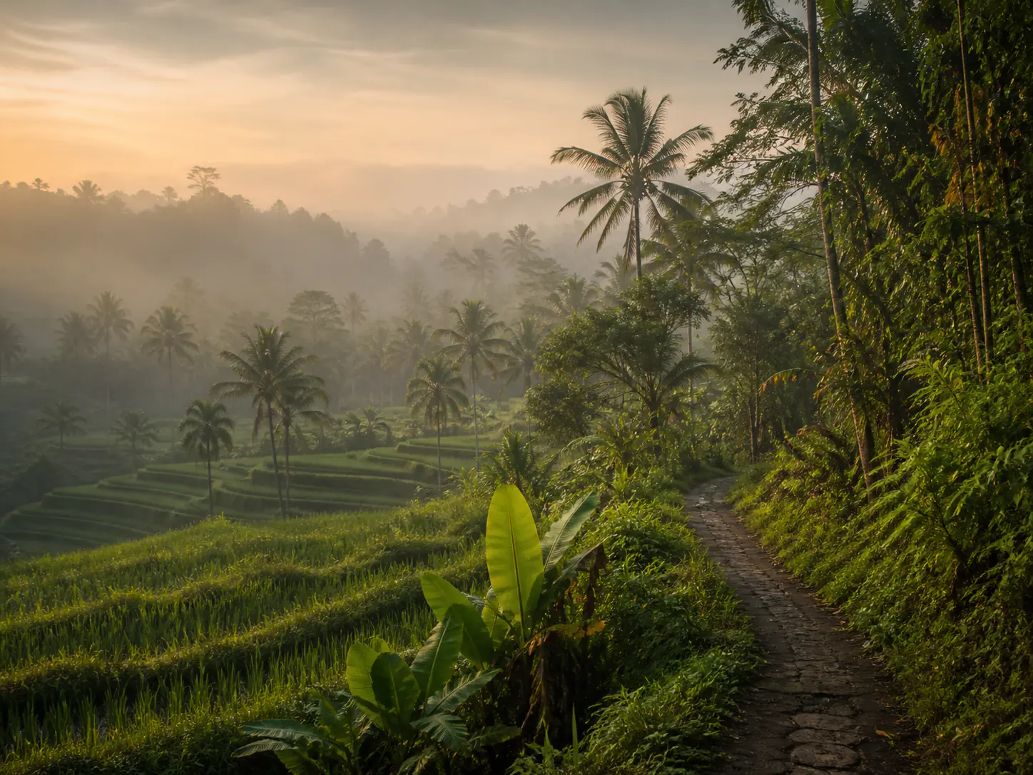 Stillness and Recovery Misty rice terrace at dawn, a quiet natural scene