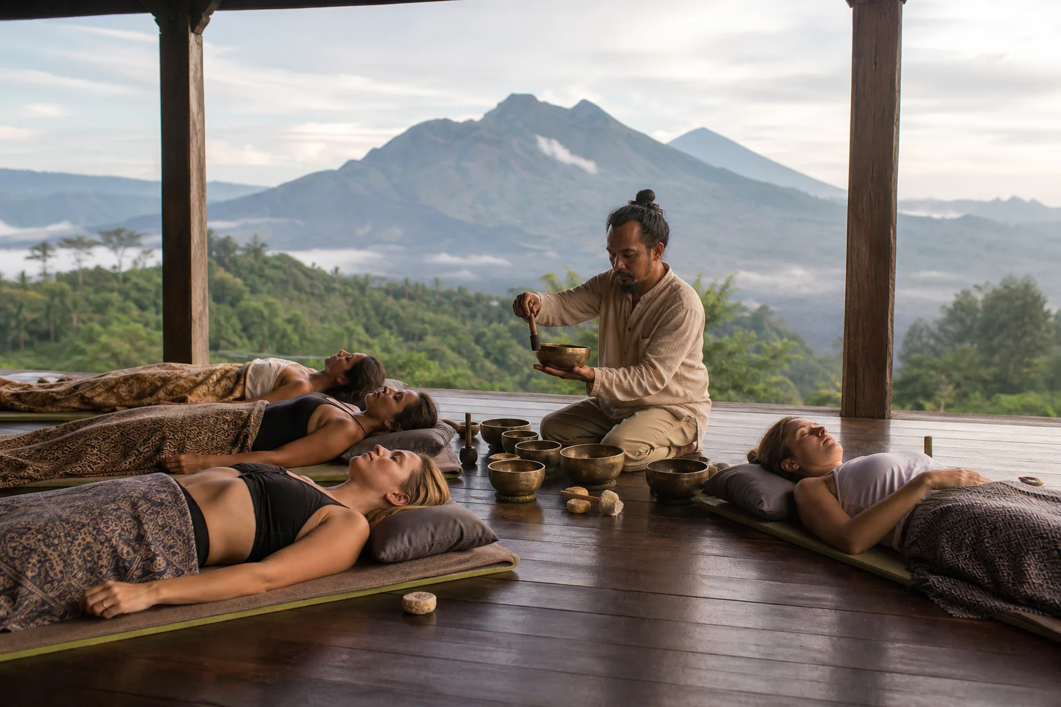Sound healing and meditation session overlooking the Bali mountains