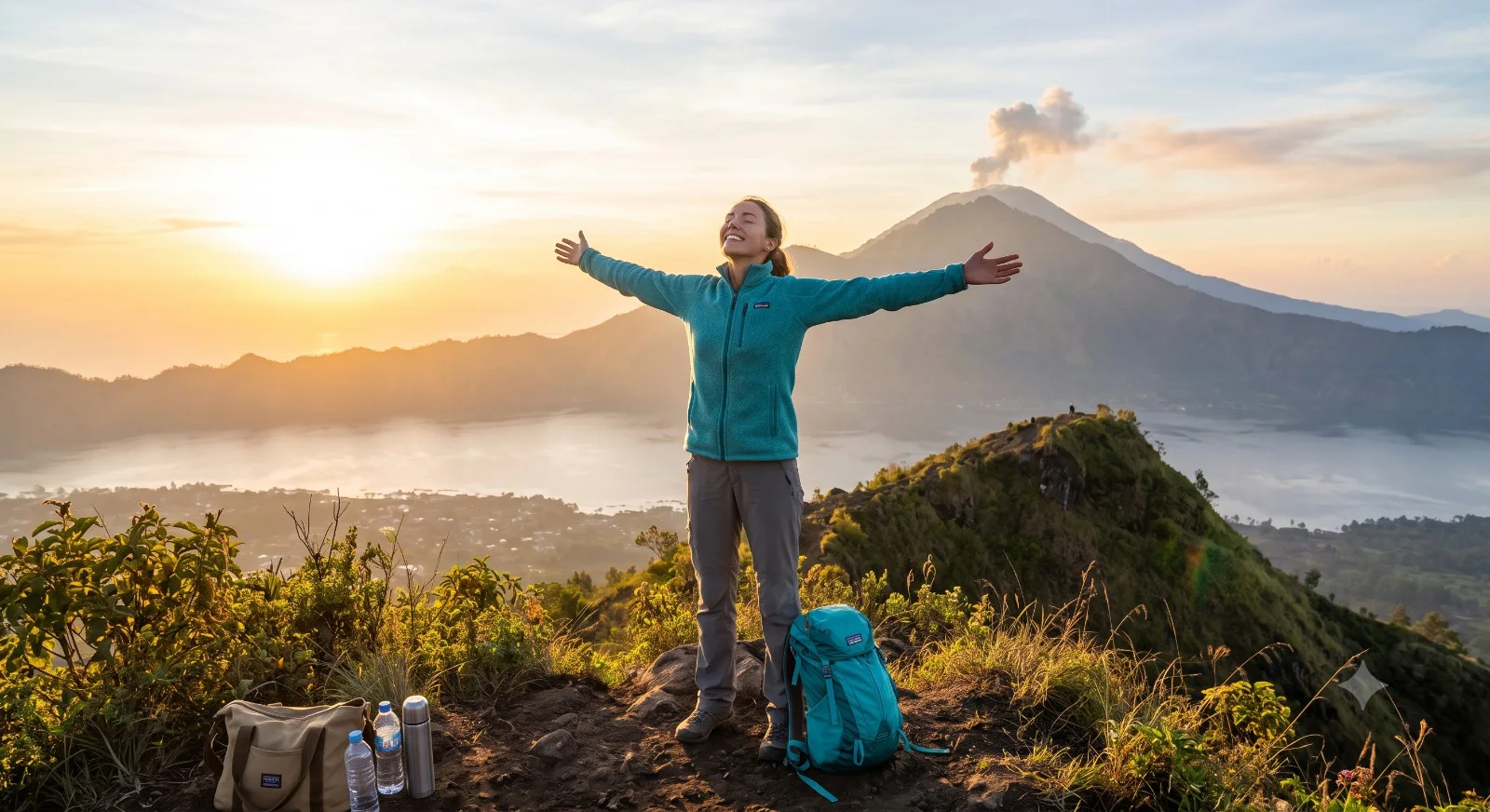 Yoga retreat guest wearing practical layers for an early Bali sunrise walk