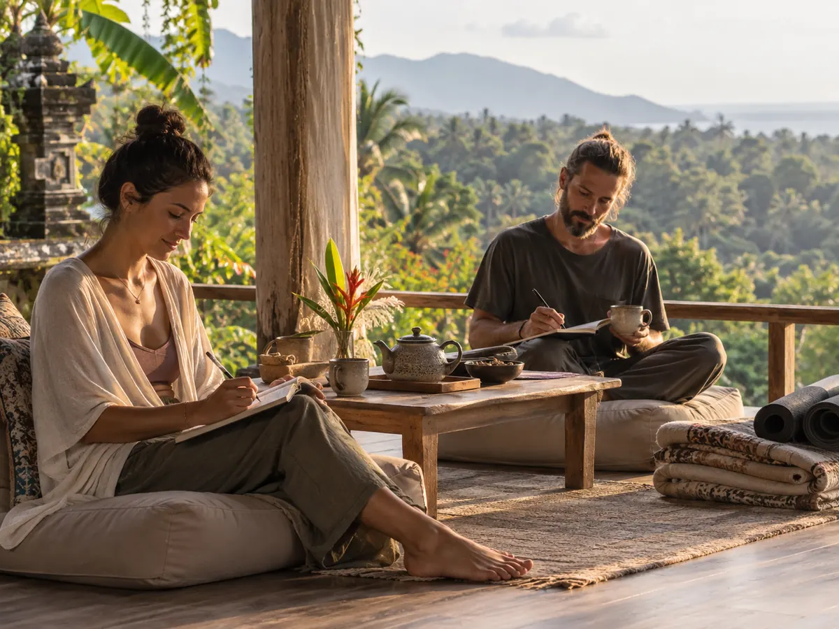 Rest and Reflection After Breathwork Two YogaFX retreat guests journalling after gentle breathwork and yoga in North Bali