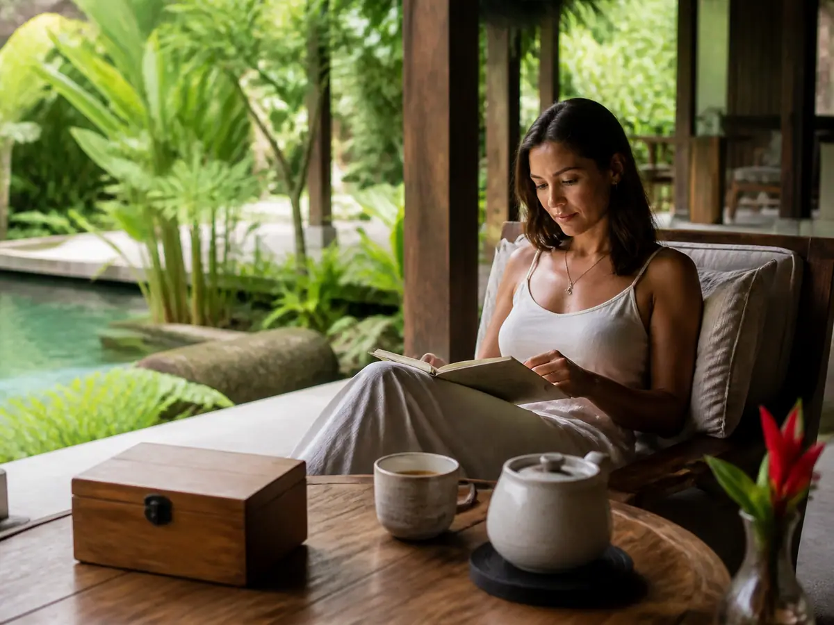 Professional Burnout Retreat Protected Recovery Time Professional journalling during protected rest at a burnout retreat in Bali