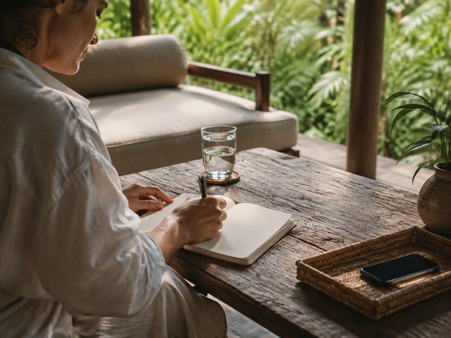 Guest journalling away from work notifications at a burnout recovery retreat