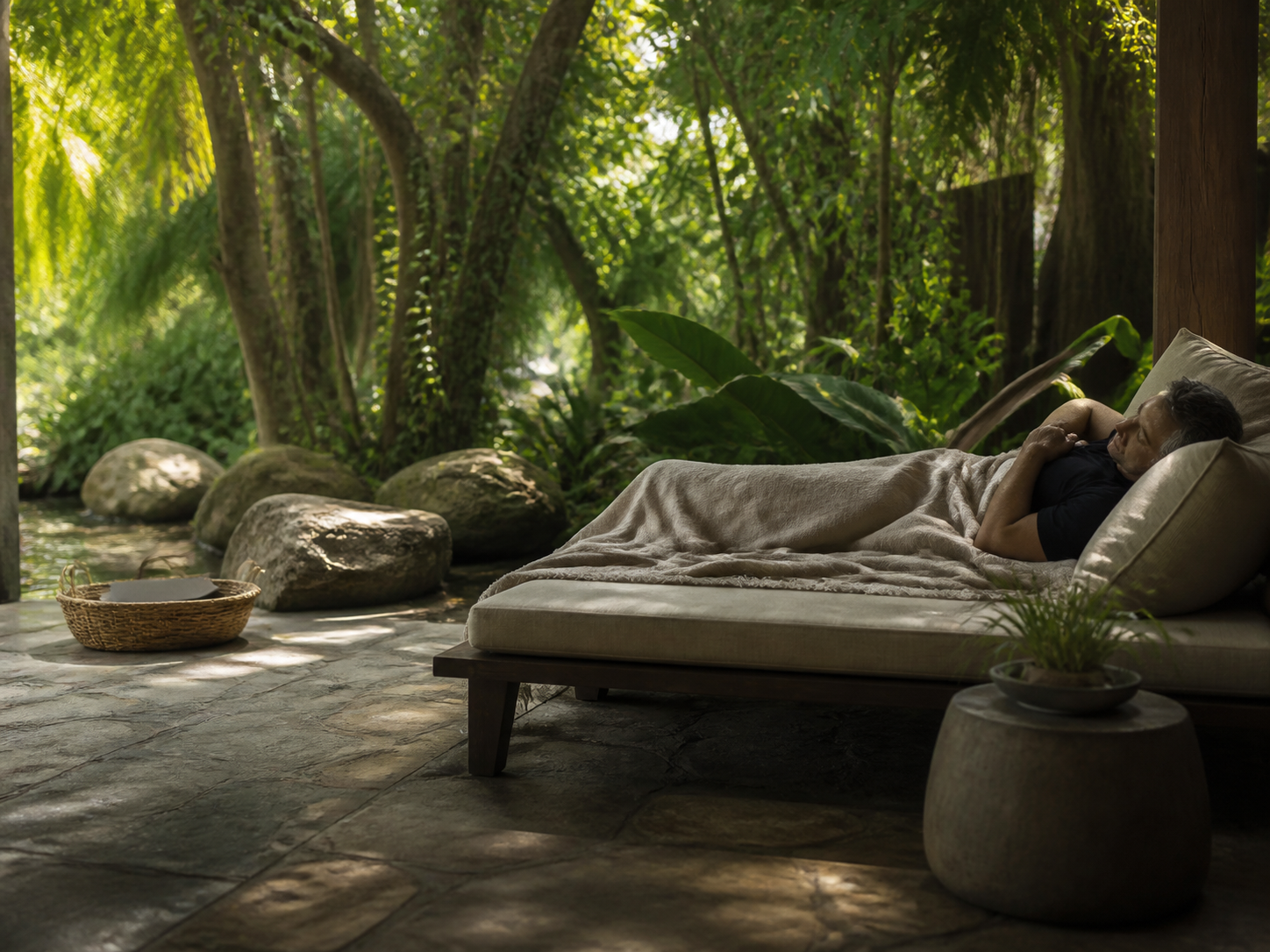 Protected Rest at a Burnout Recovery Retreat Executive taking protected rest during a burnout recovery retreat