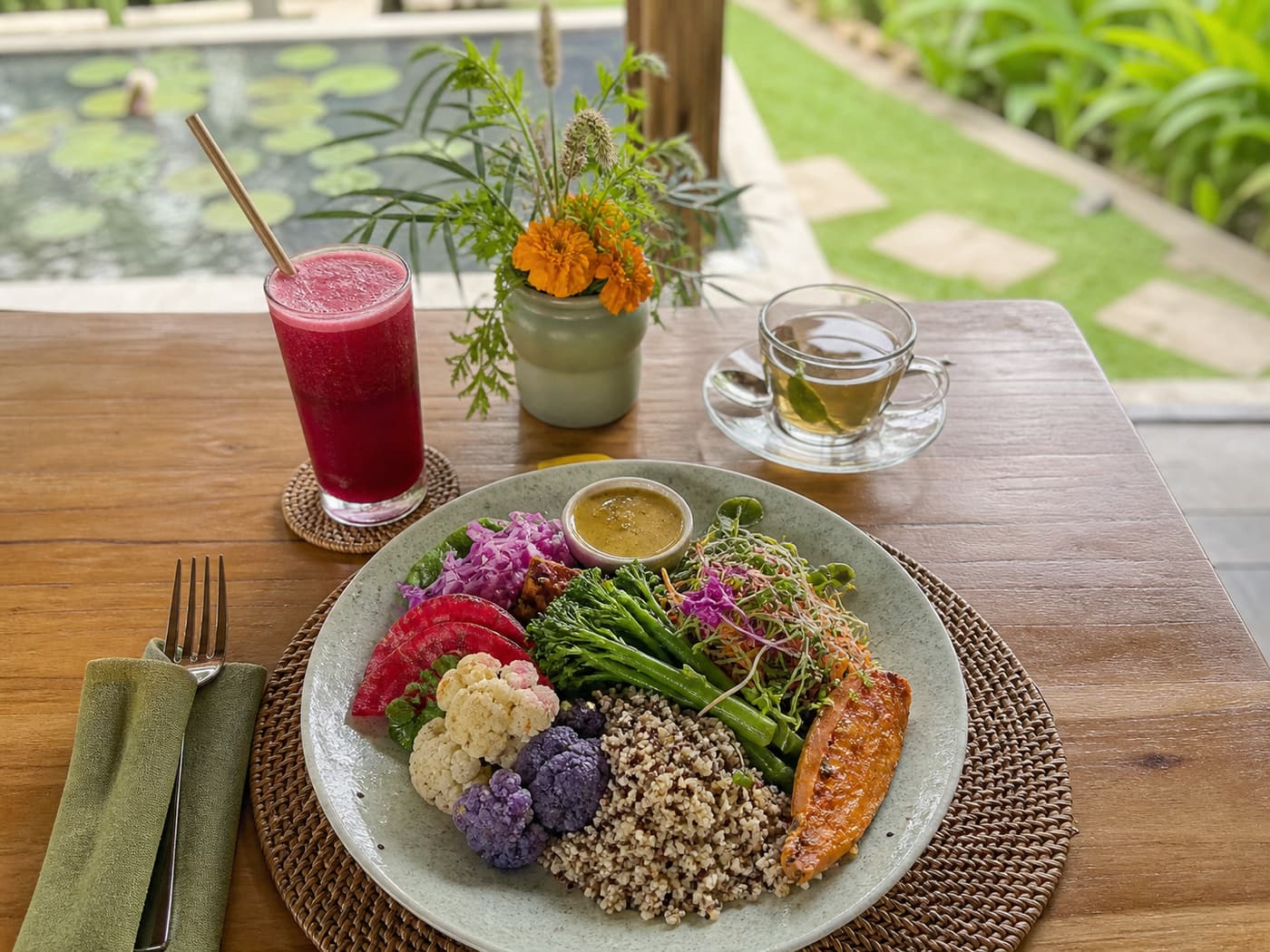 Anti-inflammatory cold-pressed meal served as part of a longevity retreat detox program in Bali
