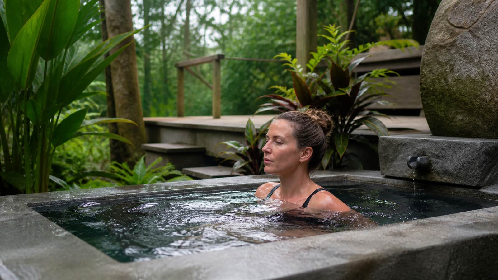 Cold Water Plunge — Nervous System Restoration Guest at a cold water plunge station during a nervous system reset retreat in Bali
