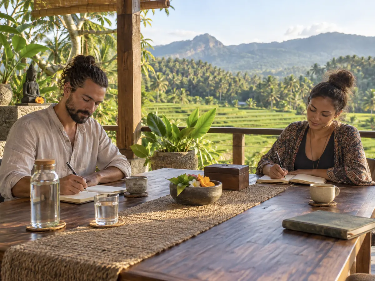 Two retreat guests writing separate return-home integration plans in North Bali