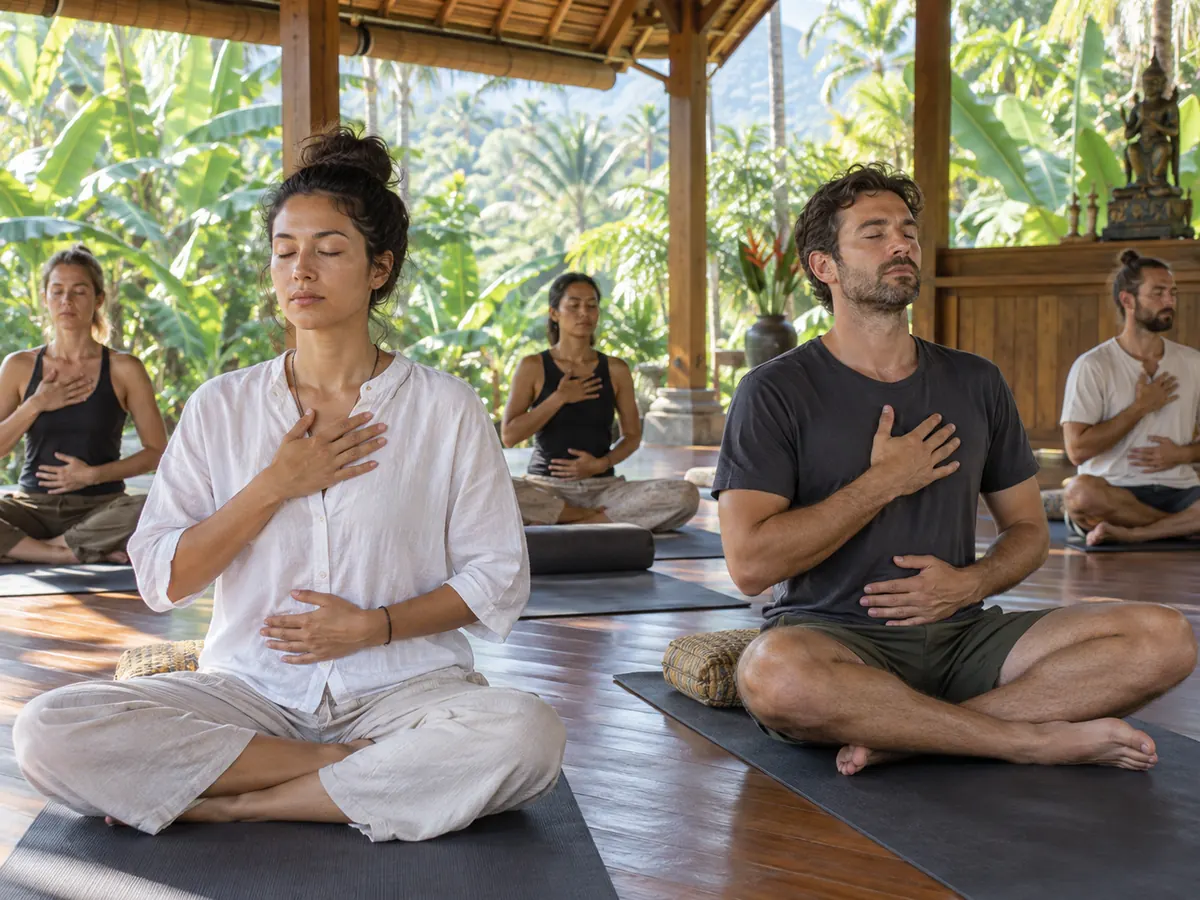 Two guests practising a gentle nervous-system regulation exercise during a couples retreat in Bali
