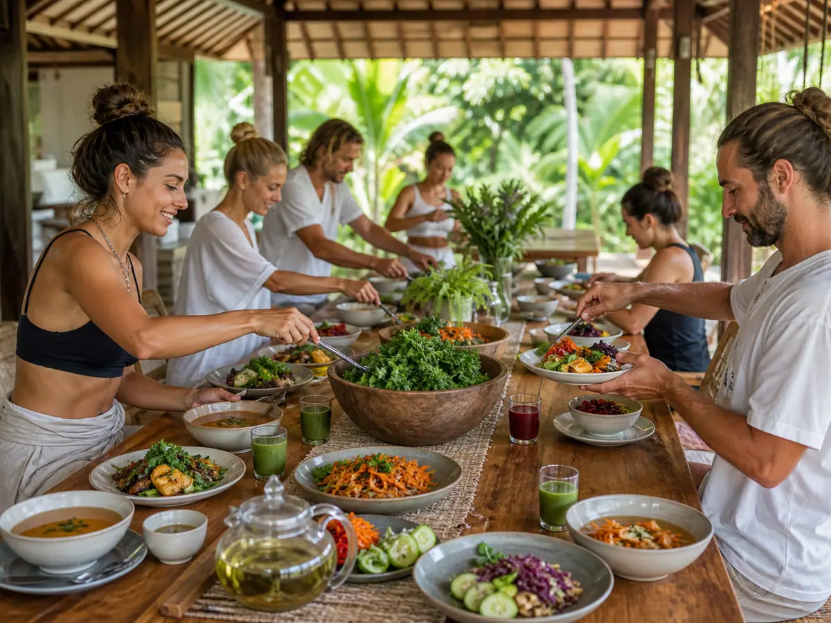Plant-forward shared meal at a detox health retreat in Bali