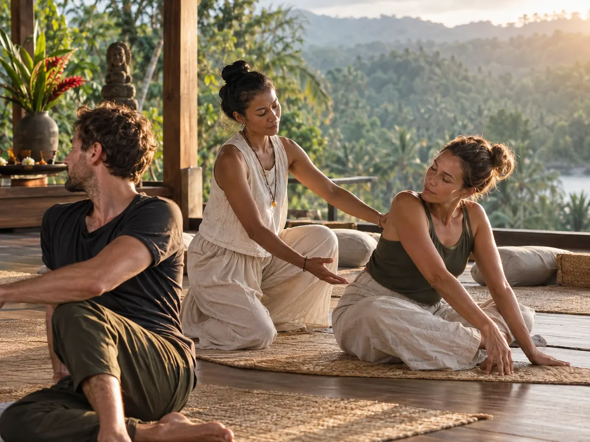 Facilitator guiding slow somatic movement at a North Bali retreat