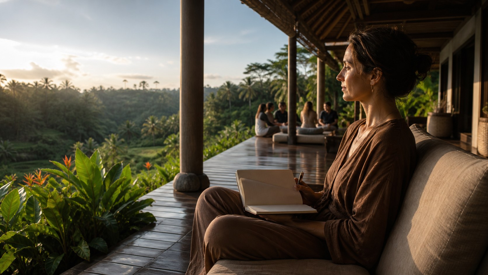 Guided Reflection — Somatic Retreat for High-Achievers Guest reflecting during a somatic retreat for burned-out professionals in North Bali