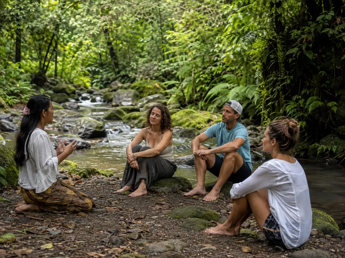 Shinrin-Yoku Sensory Pause Beside a Bali Stream Guests practising Shinrin-yoku beside a forest stream in Bali