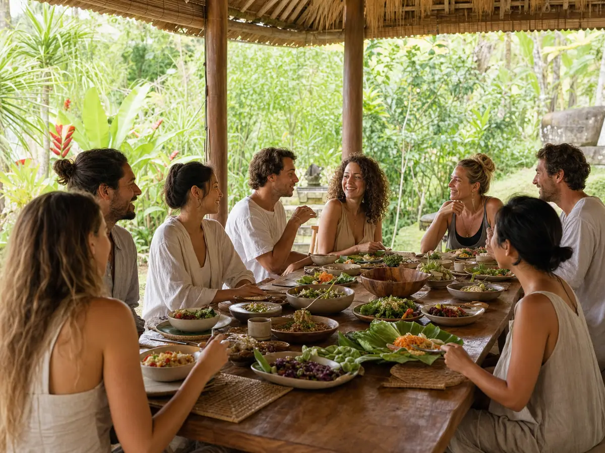Group Connection - Digital Detox Retreat Guests gathered for a shared meal or ceremony, engaged with each other rather than devices
