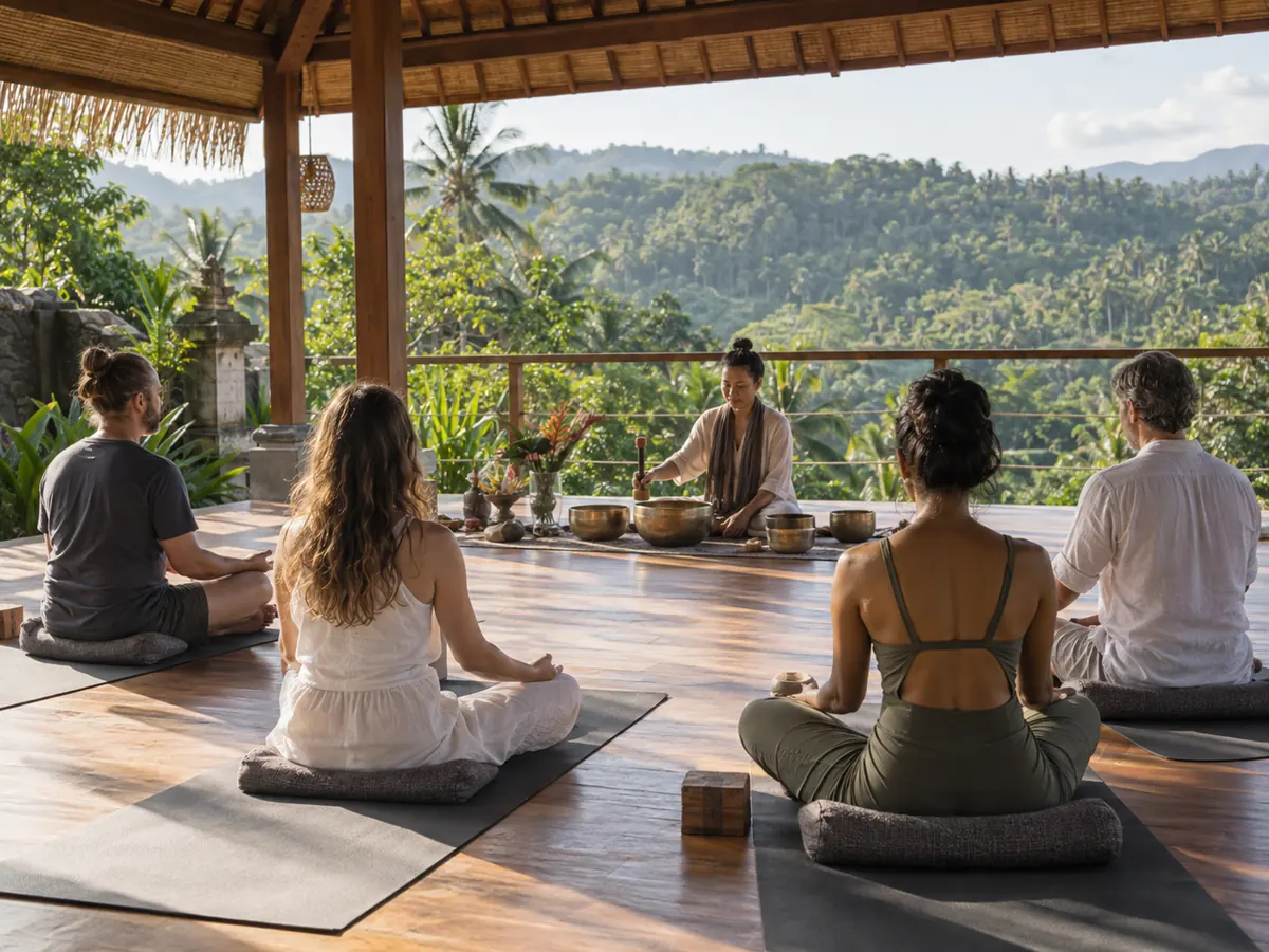 Small group attending a singing bowl sound session at a North Bali healing retreat