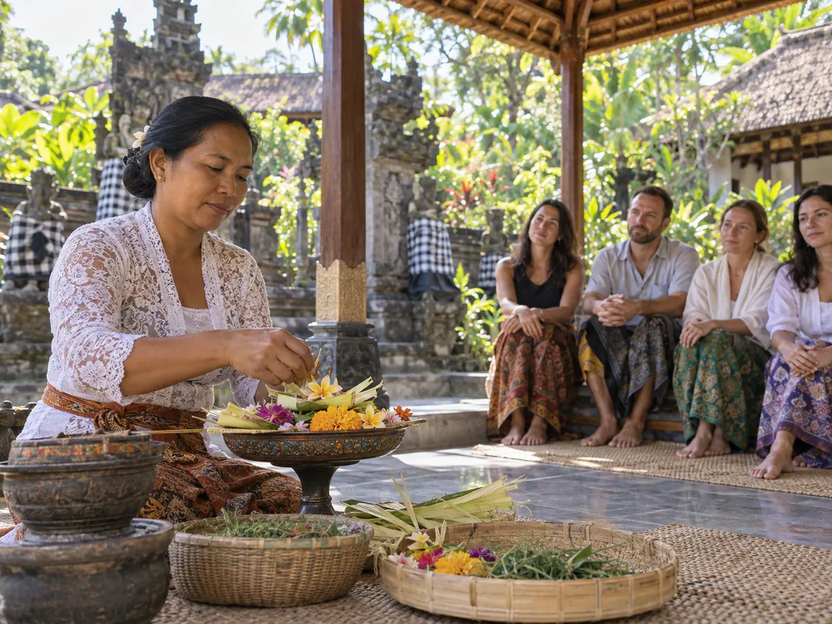 Balinese host preparing a flower offering while retreat guests observe respectfully