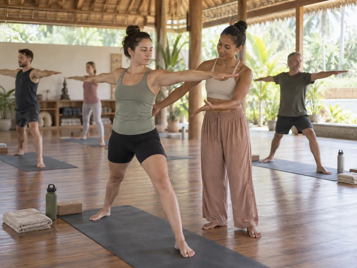 Beginner Guidance During Hot Yoga Instructor guiding a beginner through a lower-intensity hot yoga posture in Bali