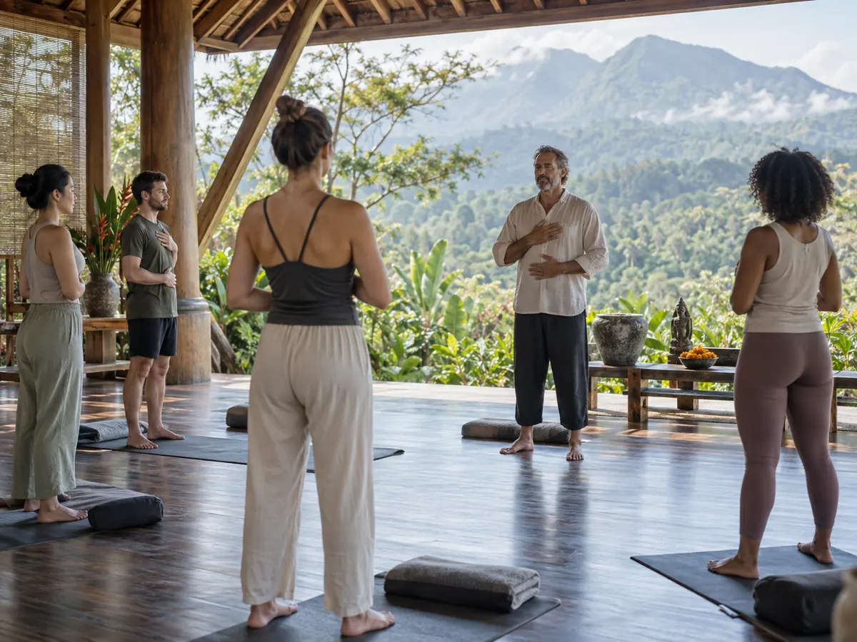Expert-Led Small-Group Wellness Session Small group receiving guided somatic instruction at a luxury North Bali wellness retreat