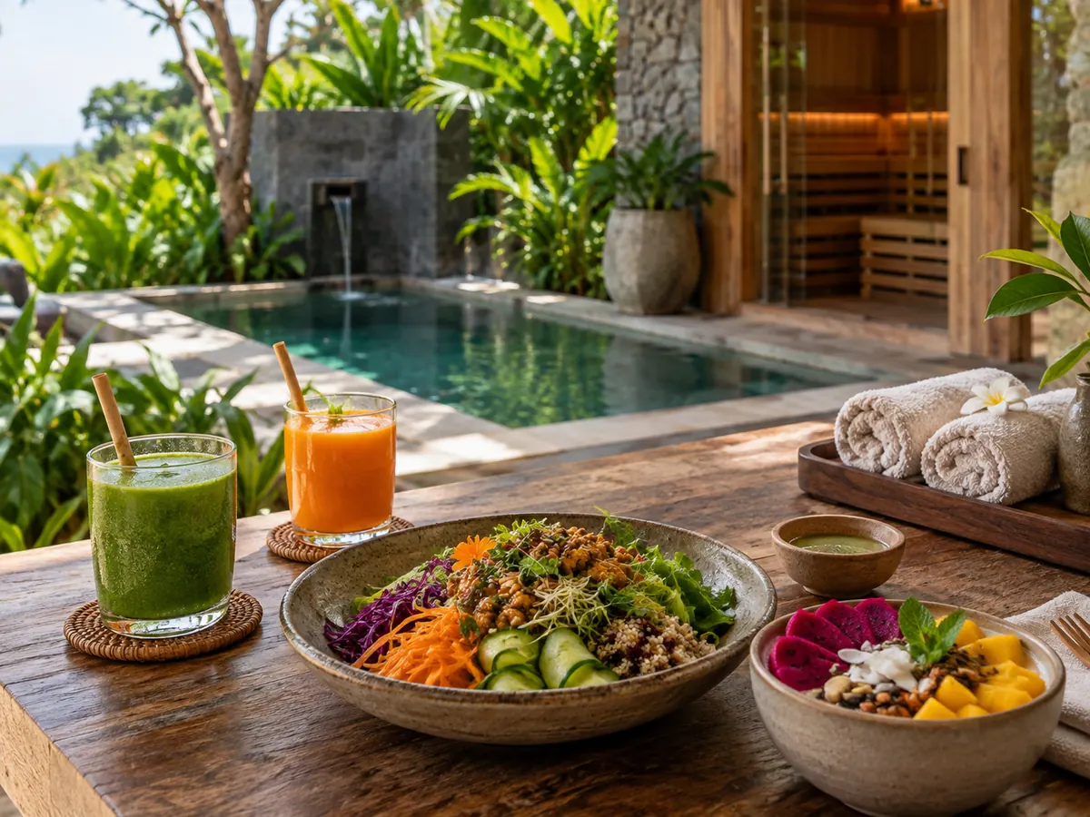 Nutrition and Hydrotherapy at a Luxury Bali Retreat Chef-prepared plant-forward food beside hydrotherapy facilities at a luxury wellness retreat in Bali