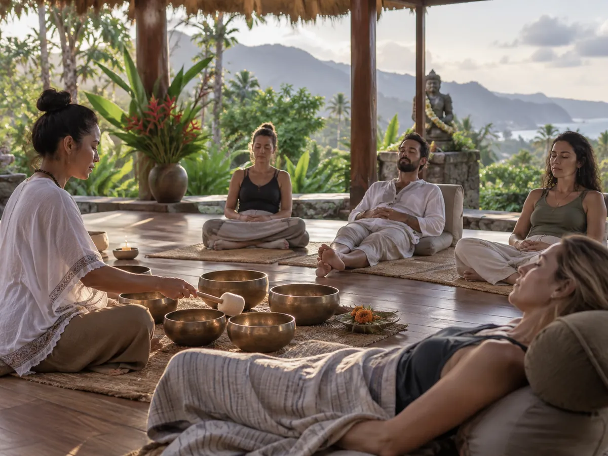 Sound Meditation at a North Bali Retreat Guests resting during a guided singing bowl meditation at a Bali retreat