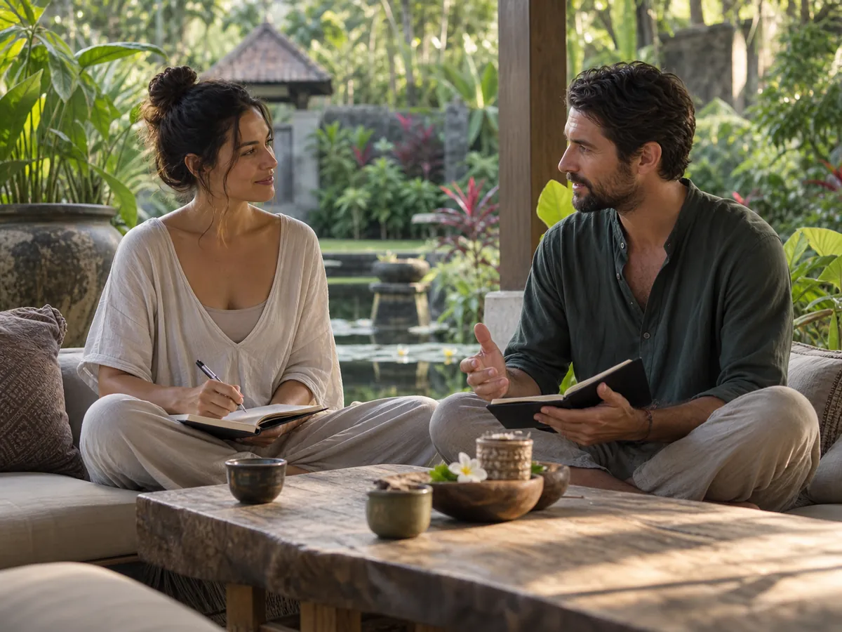 Two retreat partners journaling and reflecting together at a North Bali sanctuary