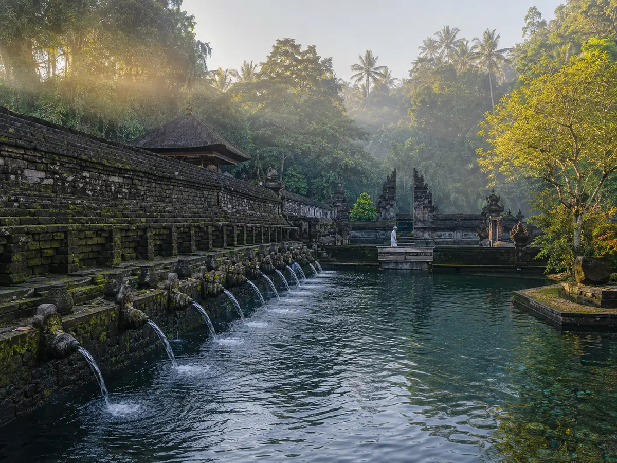 Sacred spring and water spouts at a peaceful Melukat Bali temple setting